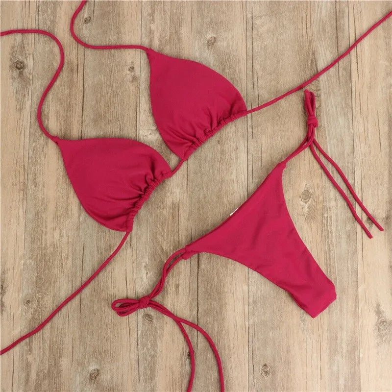 Elevate Your Beach Look with Our Stylish Women’s Triangle Bikini Set - Halter Tie-Up Two Piece Swimsuit with Thong Bottom