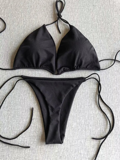 Elevate Your Beach Look with Our Stylish Women’s Triangle Bikini Set - Halter Tie-Up Two Piece Swimsuit with Thong Bottom