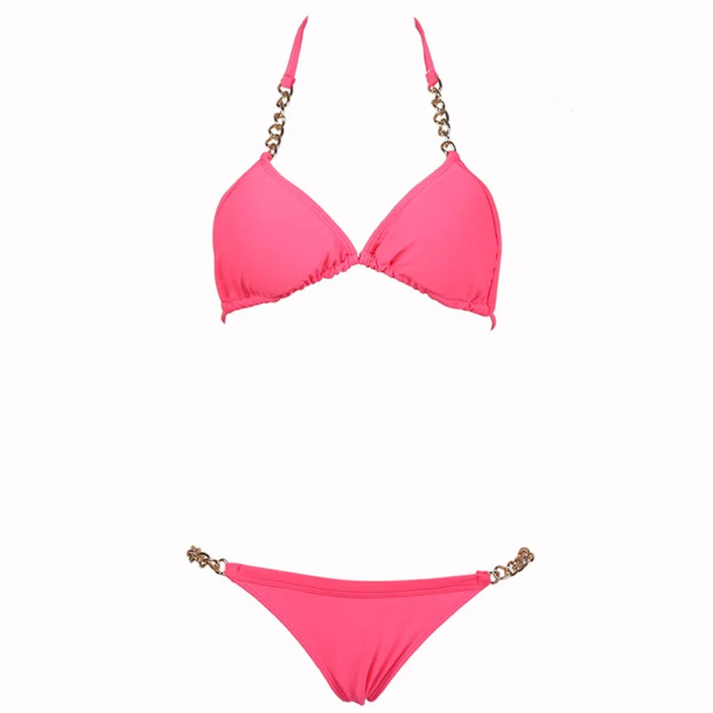 Elevate Your Beach Style with Our Women's Chain Halter Two-Piece Swimsuit Set - Perfect for Pool Parties!