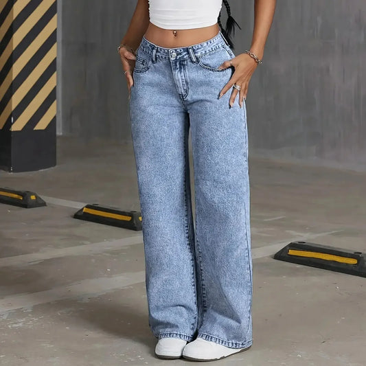 Women's Wide Leg Denim Trousers with Embroidered Bow Detail and Back Pocket