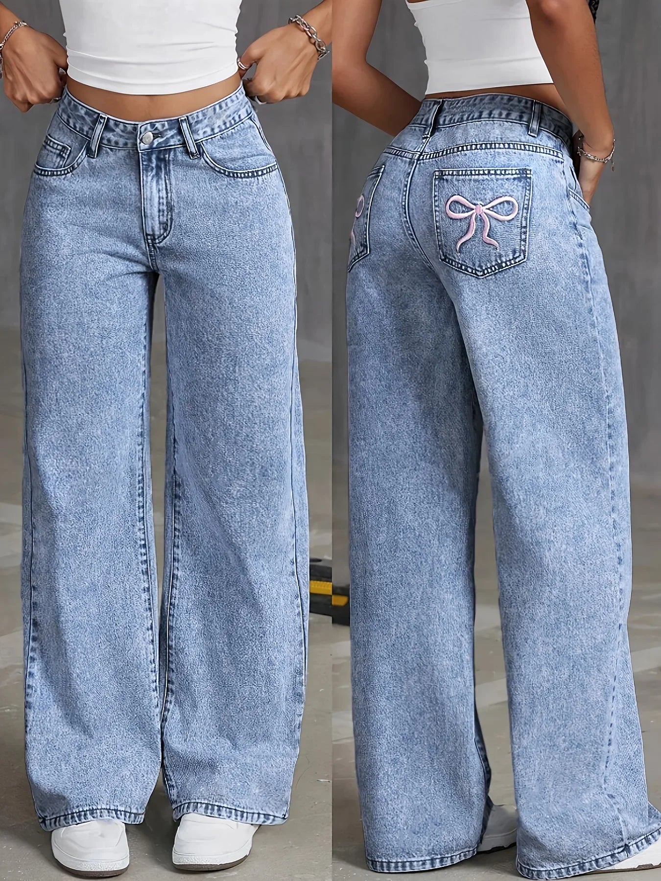 Elevate Your Style with Our Women's Back Pocket Bow Embroidered Wide Leg Jeans - Versatile Distressed Denim Trousers for Every Season
