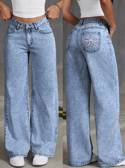Elevate Your Style with Our Women's Back Pocket Bow Embroidered Wide Leg Jeans - Versatile Distressed Denim Trousers for Every Season