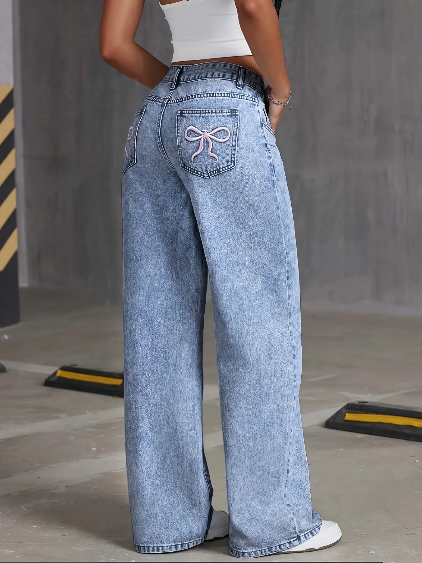 Elevate Your Style with Our Women's Back Pocket Bow Embroidered Wide Leg Jeans - Versatile Distressed Denim Trousers for Every Season