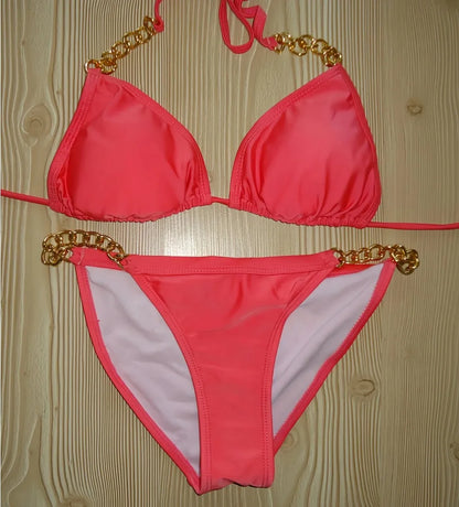 Elevate Your Beach Style with Our Women's Chain Halter Two-Piece Swimsuit Set - Perfect for Pool Parties!