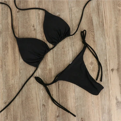 Elevate Your Beach Look with Our Stylish Women’s Triangle Bikini Set - Halter Tie-Up Two Piece Swimsuit with Thong Bottom