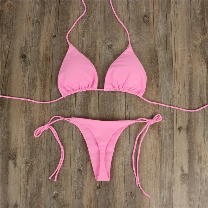 Elevate Your Beach Look with Our Stylish Women’s Triangle Bikini Set - Halter Tie-Up Two Piece Swimsuit with Thong Bottom