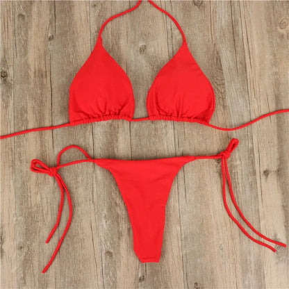 Elevate Your Beach Look with Our Stylish Women’s Triangle Bikini Set - Halter Tie-Up Two Piece Swimsuit with Thong Bottom