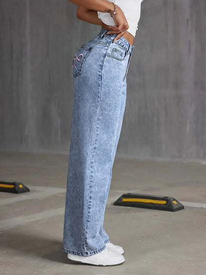 Elevate Your Style with Our Women's Back Pocket Bow Embroidered Wide Leg Jeans - Versatile Distressed Denim Trousers for Every Season