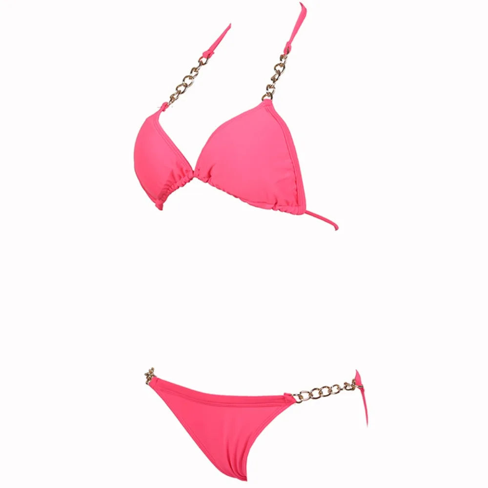 Elevate Your Beach Style with Our Women's Chain Halter Two-Piece Swimsuit Set - Perfect for Pool Parties!