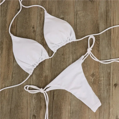 Elevate Your Beach Look with Our Stylish Women’s Triangle Bikini Set - Halter Tie-Up Two Piece Swimsuit with Thong Bottom